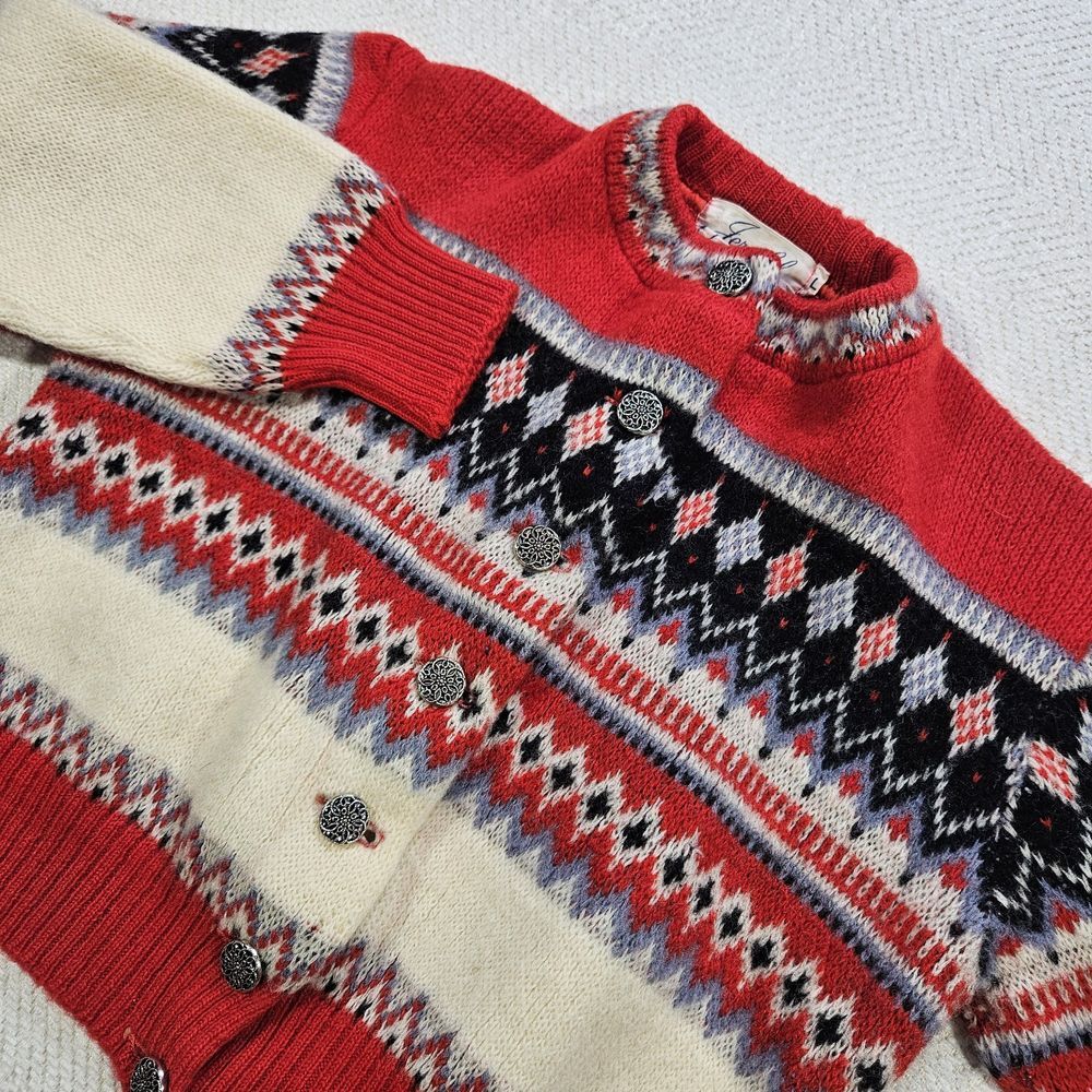 Vintage Nordic Sweater Youth Large Unisex Cardigan Wool Fair Isle Scandinavian